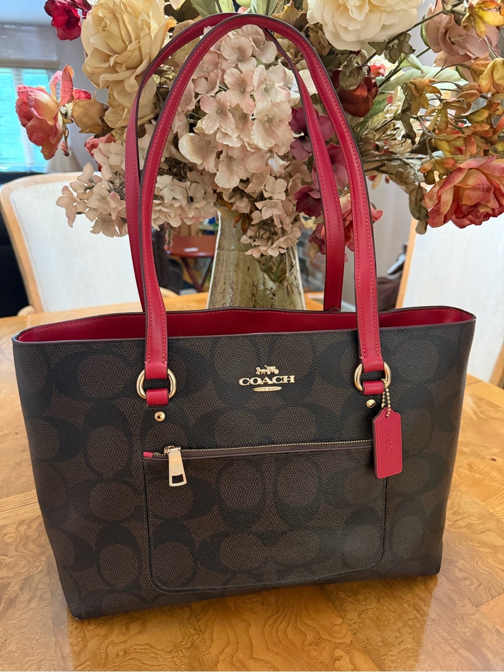 Coach Brown Signature Tote with Red Trim